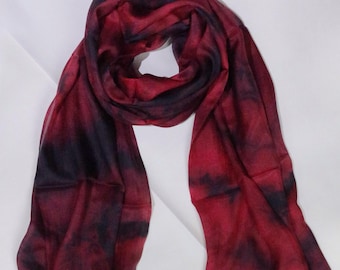 Hand-Painted Silk Scarf | Red & Black Tie-Dye, Lightweight Wrap| Natural Pure Silk