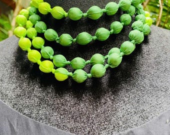 Ombre Green Silk Fabric Bead Necklace, Long Textile Statement, Eco Friendly Wrap Belt, Wood-Wrapped Fabric Jewelry| Customized Length