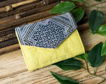 Natural Handwoven Hemp Purse | Small Square Wallet|Hemp Wallet | Indigo Batik Wallet | Handmade Wallet | Yellow  Wallet| Sustainable Gifts