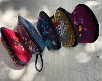 Personalized Hand Embroidered Floral Cosmetic Bag, Vietnamese Linen Travel Pouch
