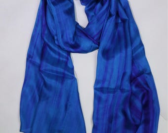 Hand-Painted Blue Silk Scarf – Lightweight Sheer Tie Dye Wrap- Handwoven from Vietnam