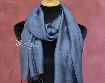 Hand-Dyed & Handwoven Navy Linen Silk Scarf – Artisan Crafted Wrap (65x175cm)-Gift for Her-Mothers Day Gift
