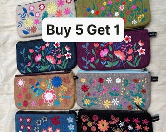 Embroidered Floral Canvas Pouch, Personalized Custom Name Zipper Case