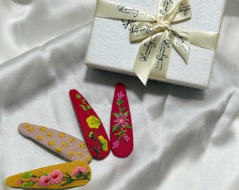 Embroidered Linen Hairpin, Handmade Floral Hair Barrette, Unique Flower Snap Clip for Women, Cute Boho Hair Accessories, Gift for Her