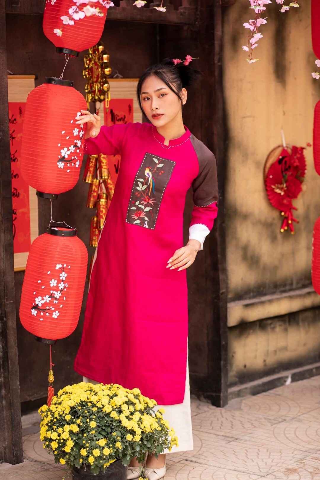 Red Vietnamese Ao Dai Linen Hand Embroidered Ao Dai Linen Etsy