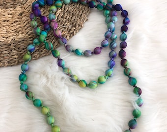 Necklace, Silk Necklace, Long Silk Necklace, Mulberry Wood-Wrapped Silk Necklace, Woodbead Necklace, Gift for Her, Mothers Day Gift