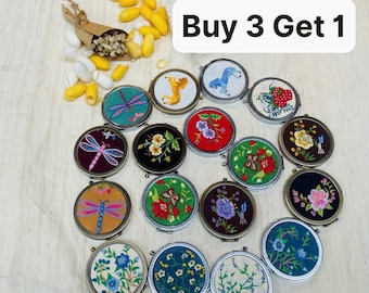 Hand Embroidered Wildflower Pocket Mirror, Vintage Metal Frame Makeup Accessory
