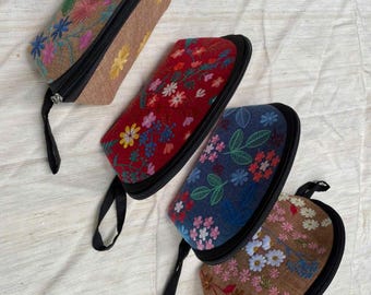 Hand Embroidered Half Moon Clutch, Vietnamese Floral Zipper Pouch, Personalized Wristlet Bag