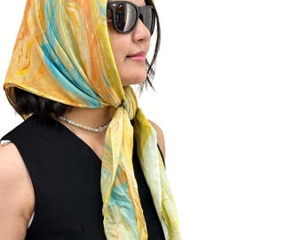 Handmade Pure Silk Scarf 90x90cm, Hand Dyed Marble Silk Wrap, Office Wear Silk Shawl, Work Outfit Accessory, Luxury Neck Scarf, Gift for Her