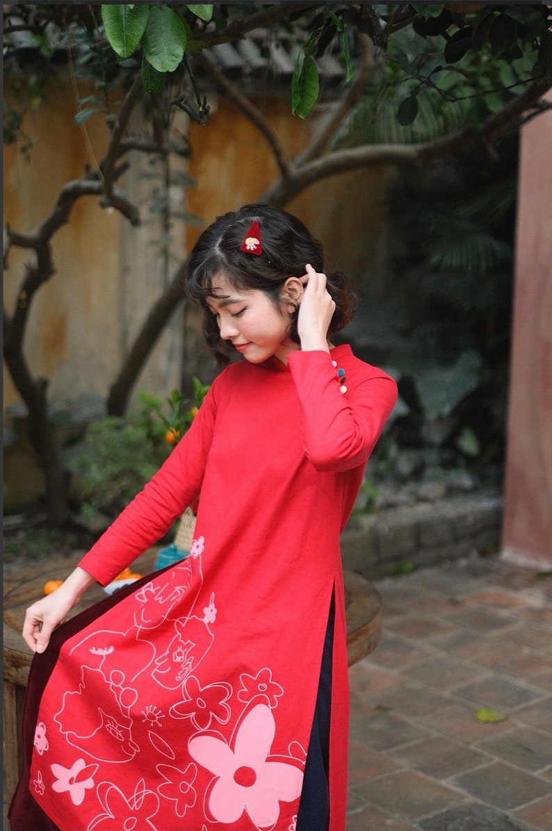 Red Vietnamese Ao Dai, Red Linen Ao Dai, Linen Fashion, Ao Dai