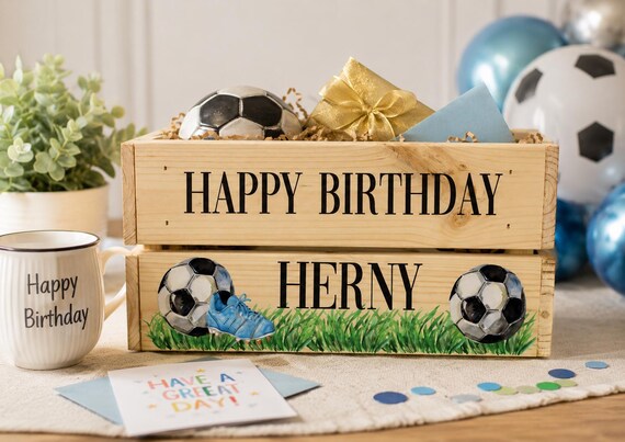 Personalised Football Birthday Wooden Box Crate, Custom Birthday Box, Gift Ideas For Boys, Wooden Box, Football Fan Gift