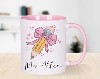 Personalised Teachers Mug, Teachers Gift, Teachers Mug, End of Term Gift for Teacher. Bow Pencil