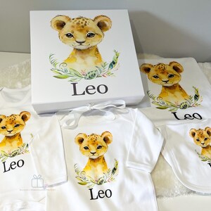 Personalised baby Lion Gift Set Personalised Baby Romper. Baby Vest, Baby Bib, Baby Blanket, Keepsake Box Gift Set, Baby Outfit