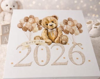 Personalised Unisex Baby Shower Gift, 2026 Keepsake Box, Teddy Bear Gift, Baby Shower Present