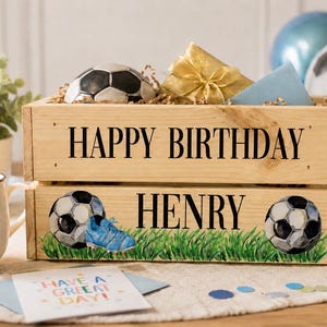 Personalised Football Birthday Wooden Box Crate, Custom Birthday Box, Gift Ideas For Boys, Wooden Box, Football Fan Gift image 1