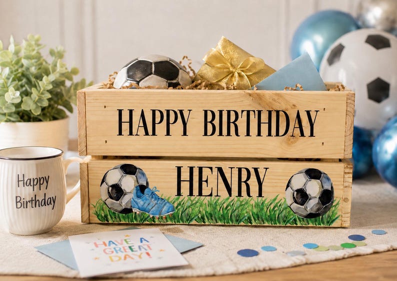 Personalised Football Birthday Wooden Box Crate, Custom Birthday Box, Gift Ideas For Boys, Wooden Box, Football Fan Gift image 1