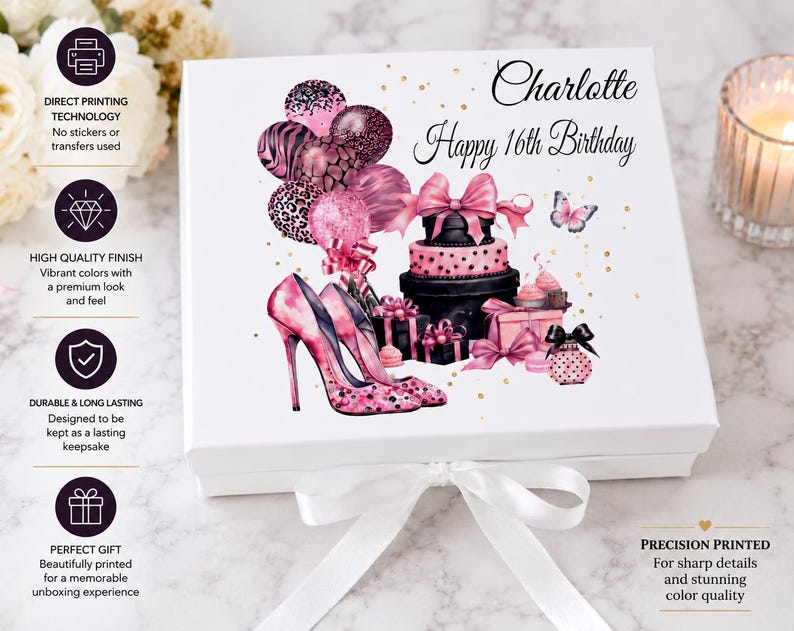 May include: A white gift box with a watercolour design featuring pink high heels, balloons, a cake, and the text "Charlotte Happy 16th Birthday." The box has a white ribbon and bow.