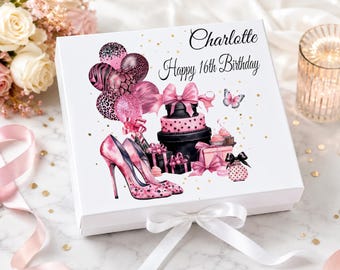 Personalised Any Age Pink Birthday Gift Box, 16th 18th, 21st, 30th, 40th, 50th 60th Keepsake Box. Gifts For Her, Girls Birthday Gift Box