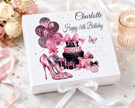 Personalised Any Age Pink Birthday Gift Box, 16th 18th, 21st, 30th, 40th, 50th 60th Keepsake Box. Gifts For Her, Girls Birthday Gift Box