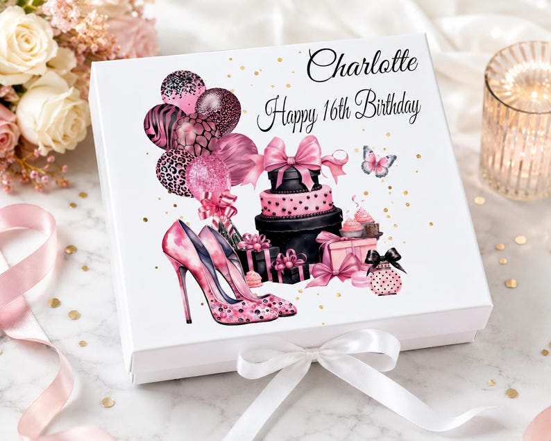 May include: A white gift box with a bow, decorated with pink and black illustrations. The design includes high heels, balloons, a cake, and the text "Charlotte Happy 16th Birthday". Gold confetti dots the background.