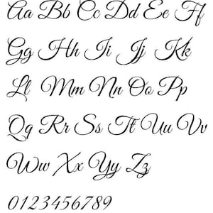 May include: A full alphabet and numbers 0-9 in a black, elegant, cursive font. The letters are in upper and lowercase, with each letter and number clearly displayed on a white background. Suitable for crafting or design projects.