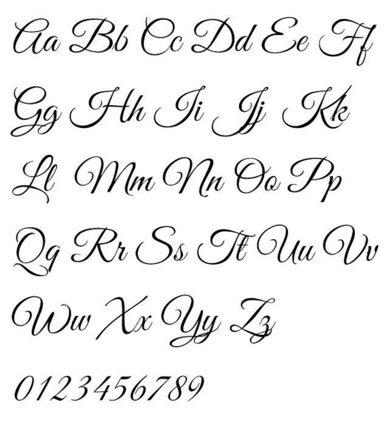 May include: A full alphabet and numbers 0-9 in a black, elegant, cursive font. The letters are in upper and lowercase, with each letter and number clearly displayed on a white background. Suitable for crafting or design projects.