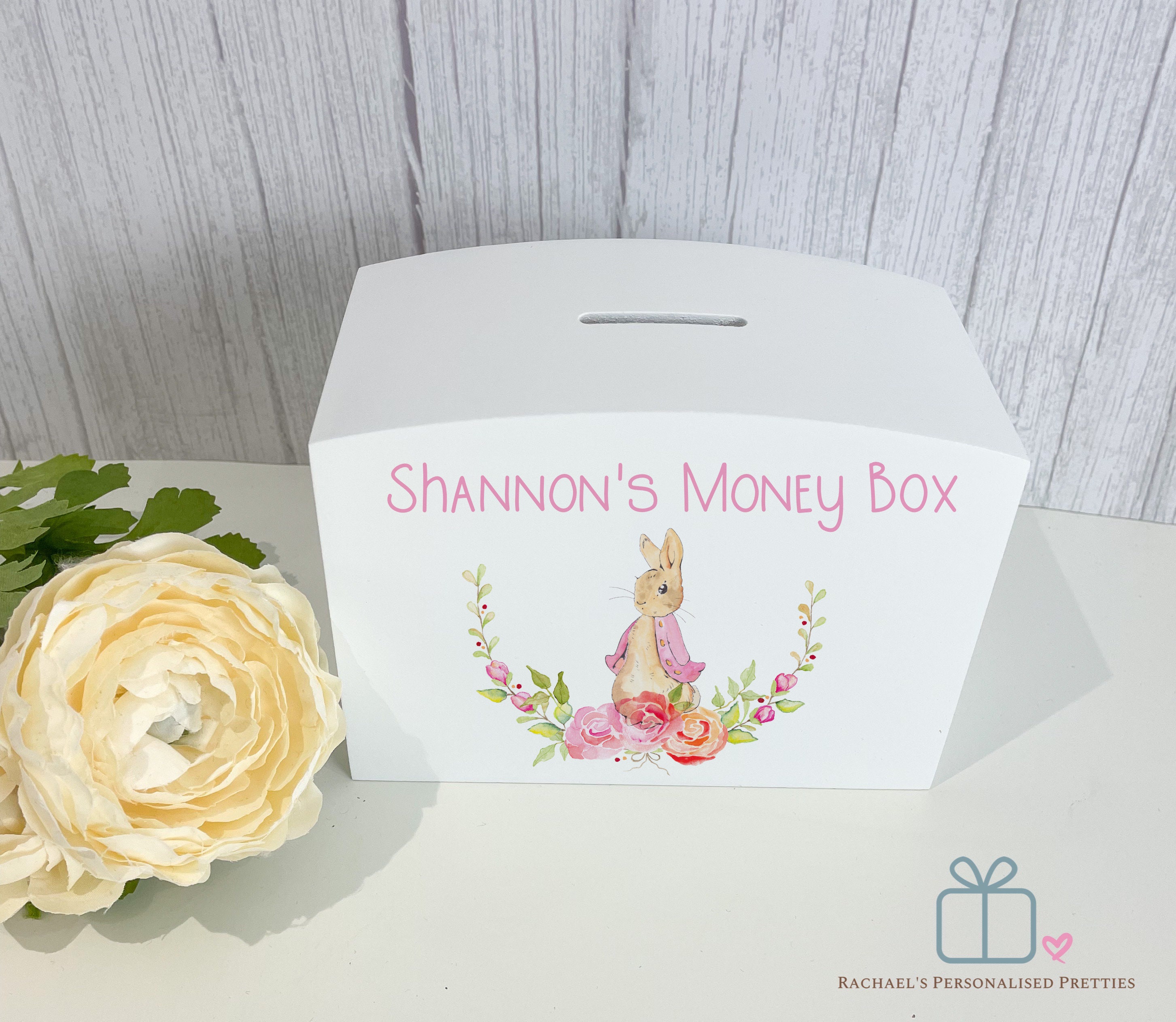 Personalised Wooden Money Box With Cute Pink Bunny Rabbit Etsy