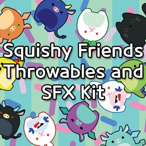 Puede incluir: Un conjunto de peluches coloridos de estilo de dibujos animados con diferentes diseños de animales. Los juguetes están etiquetados como "Squishy Friends Throwables and SFX Kit".