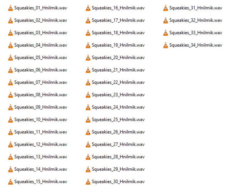 K&ouml;nnte beinhalten: Ein Screenshot eines Computerordners mit 34 Audiodateien, die von "Squeakies_01_Hnilmik.wav" bis "Squeakies_34_Hnilmik.wav" benannt sind.