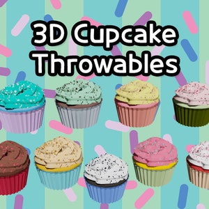May include: Eight colorful 3D cupcake throwables with different frosting and sprinkles.  The cupcakes are arranged in two rows of four.  The cupcakes are on a background of pastel pink, blue, and purple stripes.