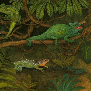 May include: Illustration of a lush jungle scene with several green chameleons and a lizard perched on tree branches. The chameleons have yellow spots and are in various poses. The lizard has a white dotted pattern and an orange neck.