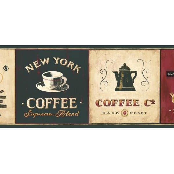 Wallpaper Border Featuring Coffee Signs Book with New York & Paris Cafés, Colors Black Cream Browns, Size 6.75 Inches High EB8900B