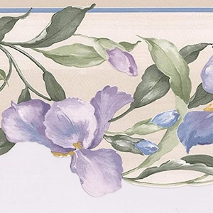 Carta da parati con bordo floreale dal design retrò con fiori viola blu su vite smerlata, dimensioni 7 pollici per 15 piedi MP73662N