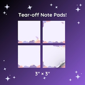 May include: Four square tear-off note pads measuring 3 inches by 3 inches, featuring a light purple background with illustrations of clouds, stars, a crescent moon, and a planet. The text Tear-off Note Pads! is printed at the top of the image.