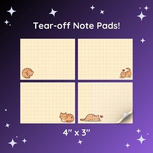 Pode incluir: Quatro blocos de notas retangulares destacáveis com um padrão de grade em um fundo amarelo claro. Cada bloco apresenta uma ilustração de um pequeno gato malhado laranja em diferentes poses com um coração. O texto diz Tear-off Note Pads! e 4" x 3".