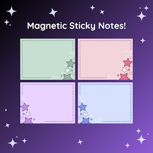 May include: Four magnetic sticky notes in pastel colors: green, pink, purple, and blue. Each note has a dashed border and star accents in the corners. The text "Magnetic Sticky Notes!" is displayed at the top.