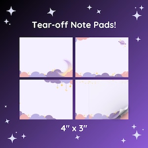 May include: Four rectangular tear-off note pads measuring 4 inches by 3 inches, featuring a light purple background with illustrations of pink and purple clouds, yellow stars, a crescent moon, and a planet. The text reads Tear-off Note Pads!