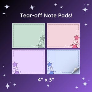 May include: Four rectangular tear-off note pads measuring 4 inches by 3 inches. Each pad features a dashed border and a cluster of stars in one corner. The colors are light green, light pink, light purple, and light blue, all with star accents.