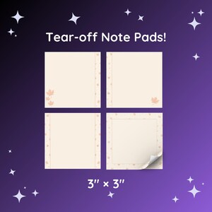 May include: Four square tear-off note pads measuring 3 inches by 3 inches. Each cream-colored pad features a delicate border or corner accent of small orange maple leaves. The bottom right pad shows a curled corner, revealing the paper texture.