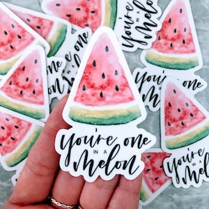 Un dans un autocollant de melon, bas de melon, cadeaux punny, faveur de la fête d’anniversaire de bébé, thème de pastèque, bas de fille