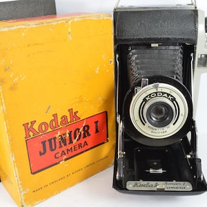 Kodak folding Junior I vintage camera circa 1950s - fully working classic film camera with box