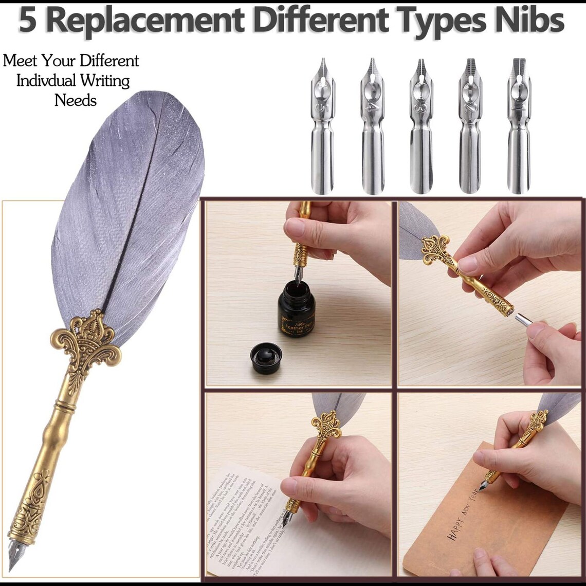 Feather PenQuill Pen and Ink Set Vintage Calligraphy Dip Pen Etsy