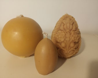 100% beeswax candles: large ball and one decorated and one undecorated egg