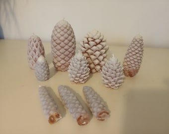 Snowy pine cones, pinecone dinner candles in brown, beige, red, green and dark blue