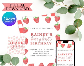 Berry First Birthday Invitation, Editable Template, Strawberry, One