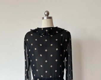 Vintage 1970&#39;s Sheer Ruffled Dress with Cream Polka Dots