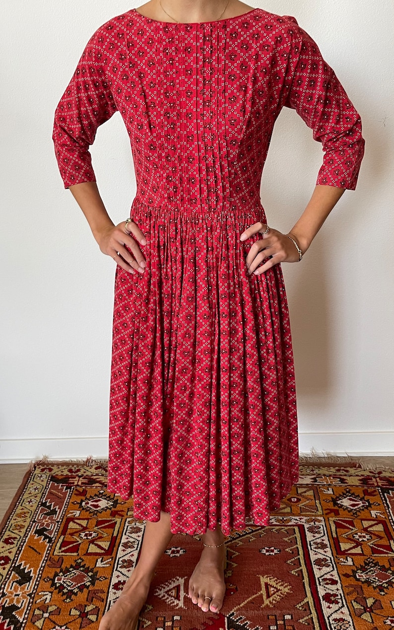 1980's Lanz Originals Red Calico Style Print Dress image 4