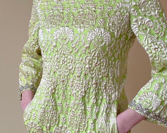 60's Kiki Hart Metallic Acid Green Brocade Shift Dress With Rhinestones