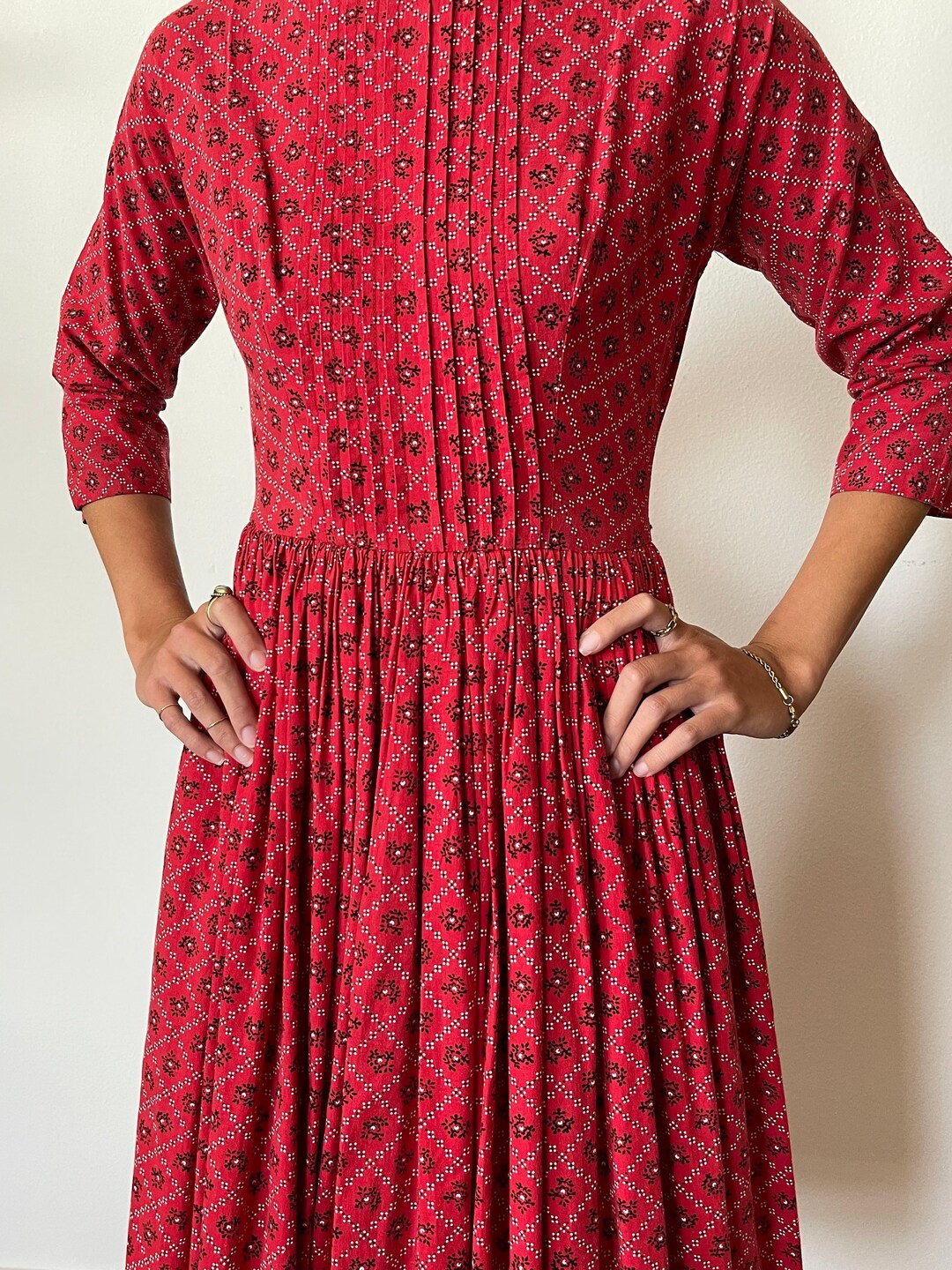 1980s Red Cherry Blossom Open Back Dress by Lanz | XS/S
