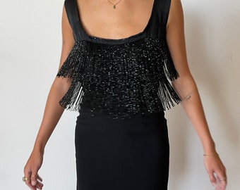 Bullock&#39;s Wilshire 1960&#39;s Black Fringe Cocktail Dress